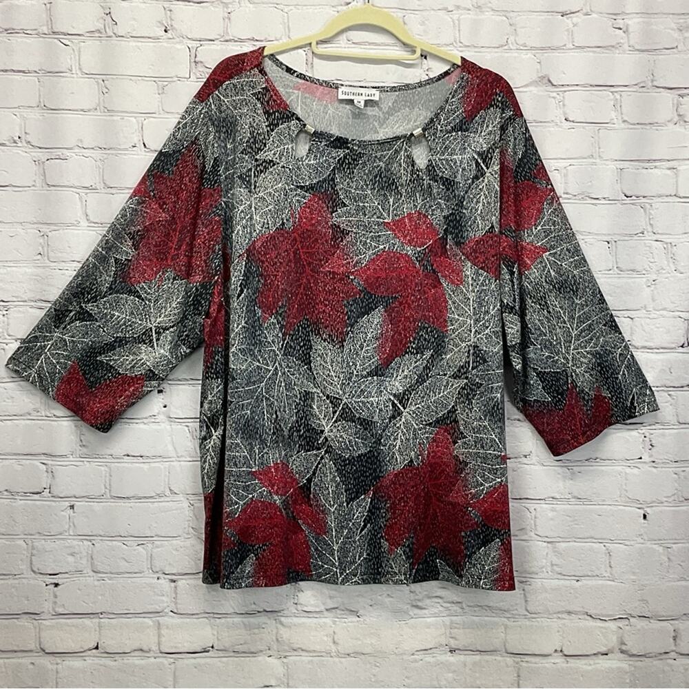 Southern Lady Tunic Top Women's Plus Size 3x Gray/Black/Wine Leaf Print Business - Picture 1 of 6